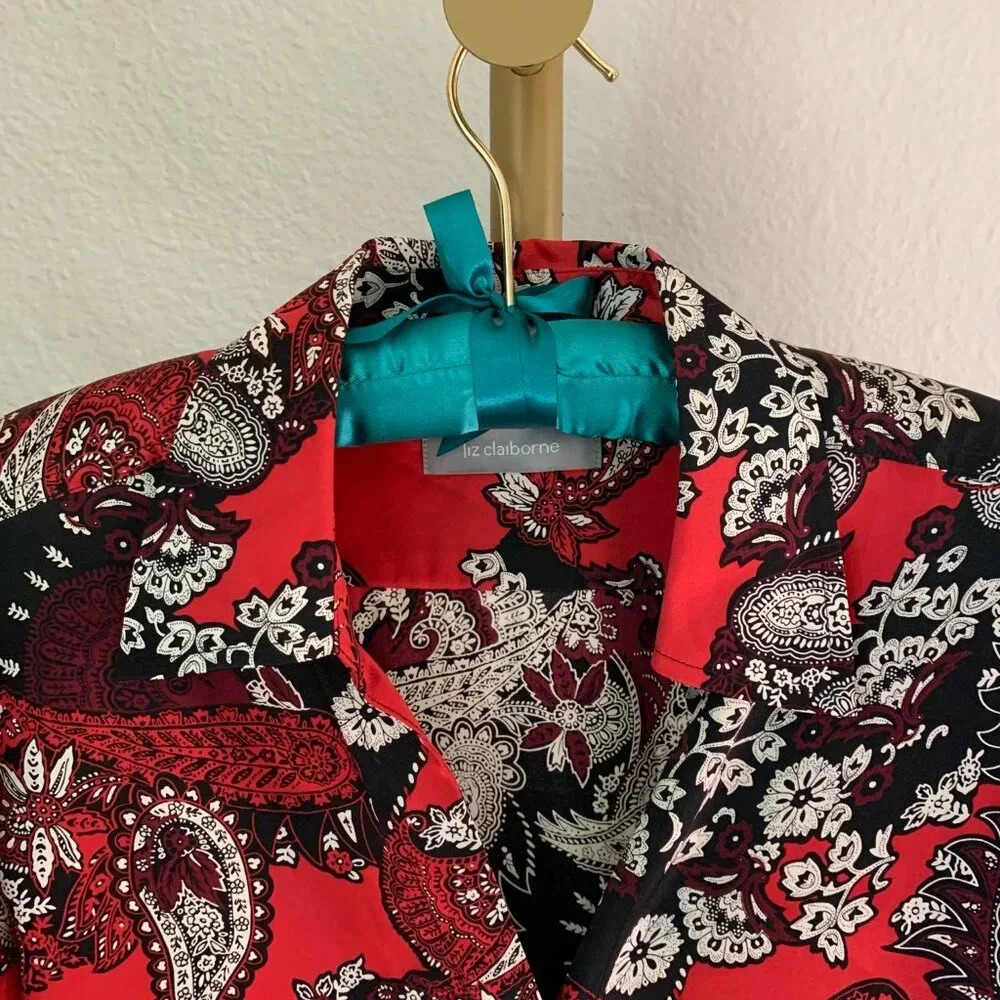 Liz Claiborne Silk Paisley Blouse Red & Black Elegant Long Sleeve P10 - Picture 3 of 7